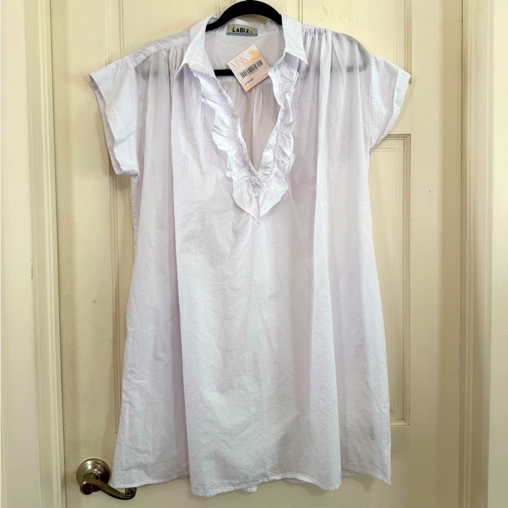 White Ruffle V-Neck Women's Dress